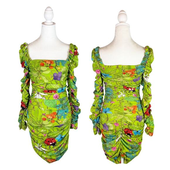 ALIÉTTE Floral Ruched Mini Dress 4 Green NEW - Picture 3 of 11